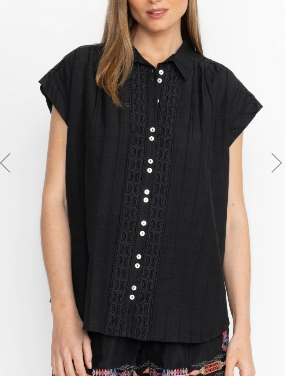 Johnny Was Calme Button Tunic W/ Shoulder Shirring M Black